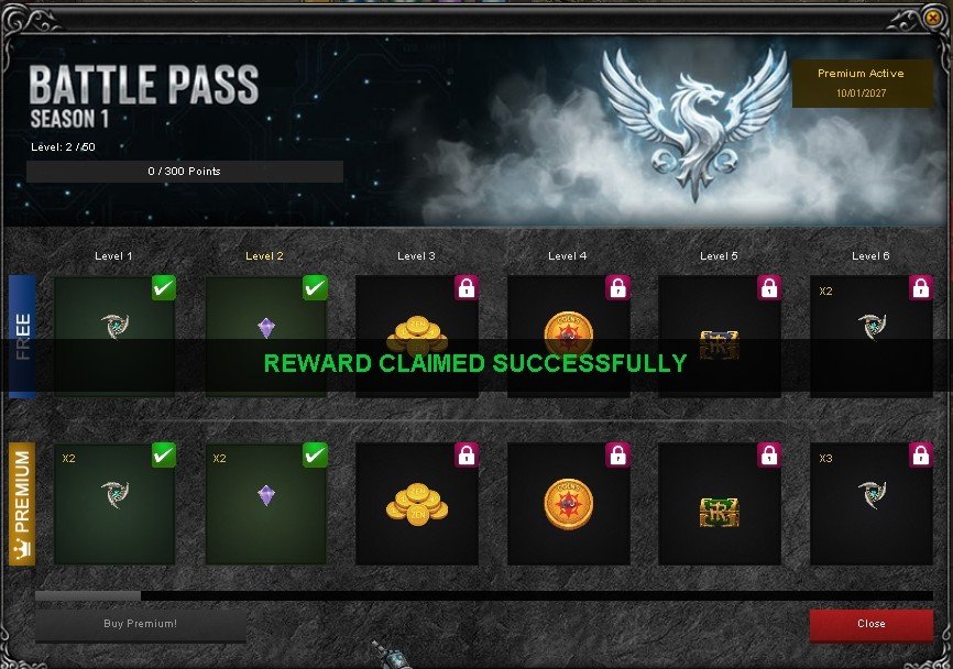 Ventana del Pase de Batalla en el juego: arriba tu nivel y tus puntos, abajo la fila Free y la fila Premium con un premio por nivel. Con el Premium se cobran las dos filas