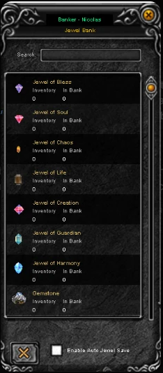 Ventana del Jewel Bank: cada joya con lo que tenés en el inventario y en el banco, buscador y la casilla Enable Auto Jewel Save