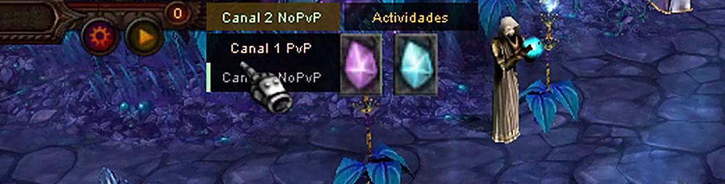 El botón de canal con la lista abierta: Canal 1 PvP y Canal 2 NoPvP