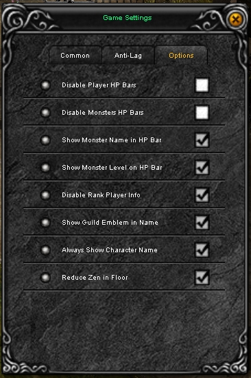 Ventana Game Settings, pestaña Options