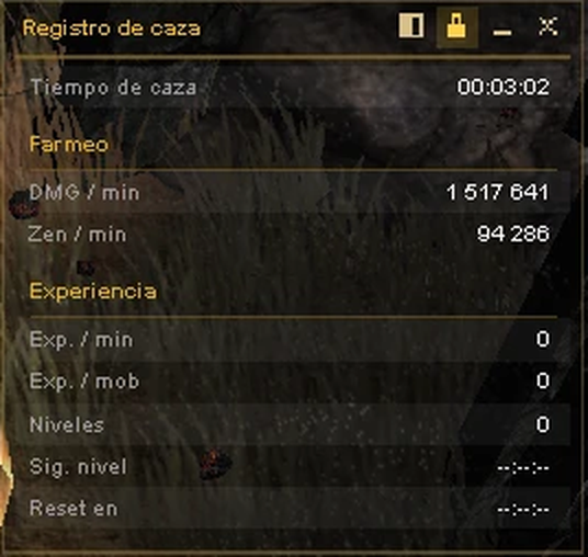 El cuadro del Registro de caza, con sus botones de transparencia, candado, achicar y cerrar: tiempo de caza, daño y zen por minuto, experiencia, niveles y tiempo al reset