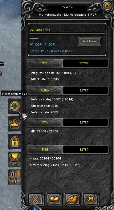 Ventana del personaje con el botón Reset System a la izquierda