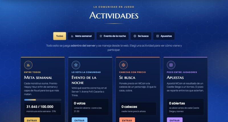 Página de Actividades: meta semanal, evento de la noche, se busca y apuestas