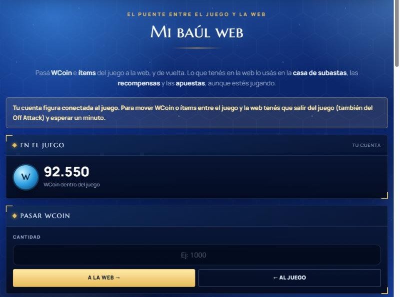 Mi baúl web: el WCoin que tenés en el juego, el cuadro para pasarlo a la web o al juego y tu monedero web