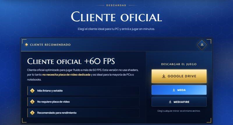 Página de descargas: el cliente oficial con sus tres enlaces