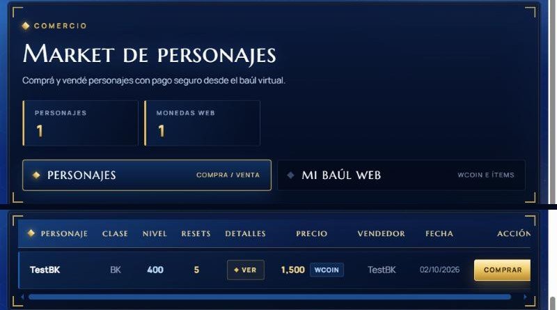 Market de personajes: tus monedas, el formulario para vender y la lista de personajes publicados