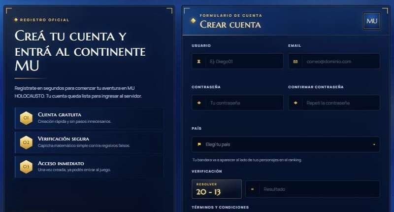 Formulario para crear la cuenta: usuario, email, contraseña, país y verificación