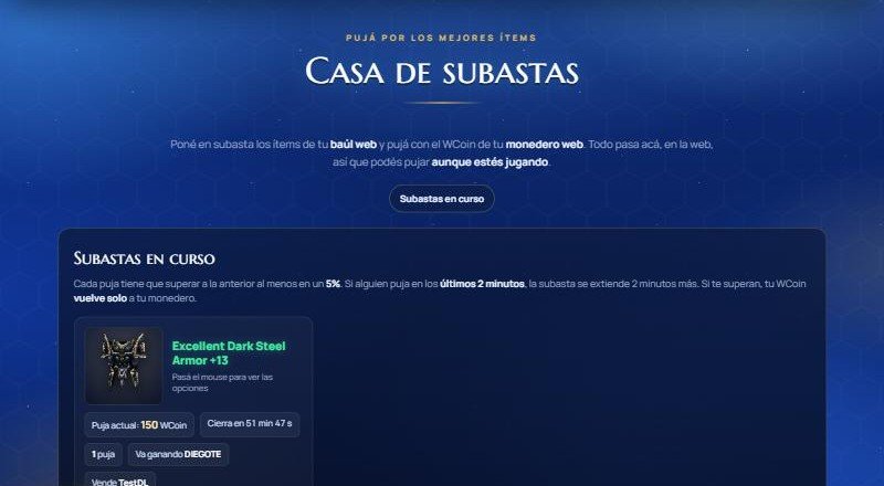 Casa de subastas en la web: la subasta en curso con la puja actual, el tiempo que falta y el botón para pujar